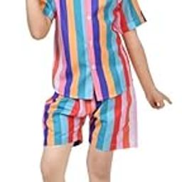 Multicolour Striped Printed Cotton Shirt and Shorts for Girls|Co-Ords Set-image-20