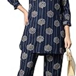 Women Navy Blue Ethnic Motifs Printed Tunic with Trouser Co-Ords-17