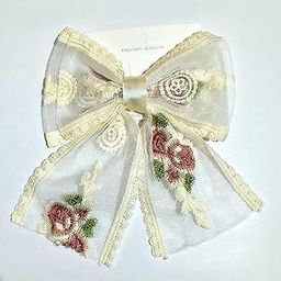 Colorsberry Vintage Floral Embroidered Hair Bow Clip, For Women & Girls, Cream Lace Trim, Large Size-image-10