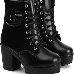 strasse paris Women's Round Toe Boots Buckle Lace Up Chunky, Block Heel Boots for Women & Girls-picture-20