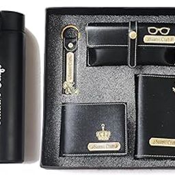 Dream Gift Glore Customized 5 in 1 Engraved 1 LED Flask Bottle, Passport Cover with Wallet, Eye Wear Case, and Metal Keychain Combo - Men's Combo Accessories, Personalised Gifts (Black)-11