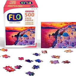 FLO Toys Sunset in Santorini 500 Piece Jigsaw Puzzle for Adults & Kids | Scenic Greece Puzzle with Poster | Challenging Travel Game for Family Fun, Mindfulness, Gift & Home Decor-image-2