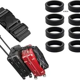 1pcs Adjustable Nylon Buckle Luggage Strap, 1.5" x 20" + 8pcs Silicone Wheel Covers for Trolley Bag Suitcase-34