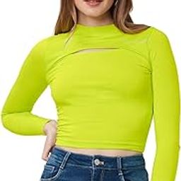 Solid Cut Out Women and Girls Long Sleeve Round Neck Cotton Blend Slim Fit Crop Tops-picture-2