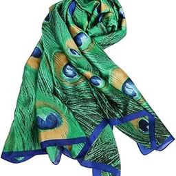 Malina Silk Stole with Peacock Feather Print, Green and Blue Border, Designer Fashion Scarf-image-23