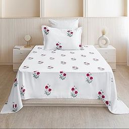 HOMEMONDE 210 TC Cotton Bedsheet Single 60 x 90 Inches Floral Printed Soft Flat Sheet with Single Pillow Cover 18 x 28 Inch - Red Rose-image-38