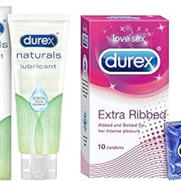 Durex Lube Naturals Intimate Lubricant Gel - 100 ml Compatible with condoms & toys, 100 ml (Pack of 1) & Extra Ribbed Condoms for Men - 10 Count-16