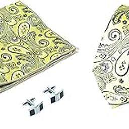 Men's Light Yellow Green Color Paisley Print Neck tie Combo Set In leatherette Box (Woven Jacquard, Neck tie, Pocket Square, Cuff links)-image-35