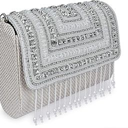 Crystal Beaded Evening Clutch Handbag, Silver, Geometric Pattern with Pearl Fringe Tassels, Shoulder Strap-12