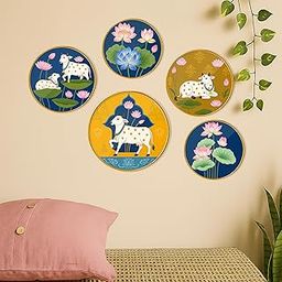 Decorative Round Wall Hanging Set of 5 Kamdhenu Cow Lotus Flower Theme Wall Art for Home Living Room Pooja Room Office Decor with Golden Border Frame Traditional Indian Folk Design-image-80