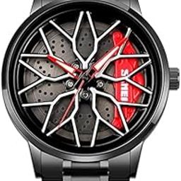 New Car Wheel Watch with Rolling Creative Fashion Analog Watch, Black Dial Zink Alloy Case Men's Watch, Stainless Steel Black Color Band, Quartz Movement, Water & Scratch-Resistant-1990-19