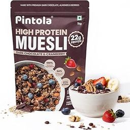 Pintola High Protein Muesli Dark Chocolate & Cranberry 1kg, 22g Protein, High Fibre, Trans Fat Free with Brown Sugar, Real Fruits, Muesli for Breakfast Food, Muselies Fruit Nuts and Seeds 1 kg-21