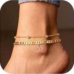 Ankle Bracelets for Women, 14K Gold Plated Dainty Layered Chain CZ Initial Anklets Summer Jewelry Gifts for Women, 8 5 inch, Metal, Cubic Zirconia-image-68