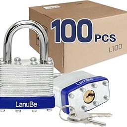 LanuBe Lock Laminated keyed Padlock (1-9/16", 40mm), keyed Alike Locks, Normal Shackle,Marked Blue Plastic Hoop, Pack of 100-14