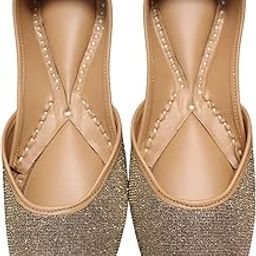Women's Glitter Punjabi Jutti, Slip-On Traditional Juttis, Beige and Gold, Handcrafted, Bite and Pinch Free Jutti, Punjabi Formal Juttis, Girl's Wedding Flat Ladies Mojari, Formal Ethnic Juti-image-88