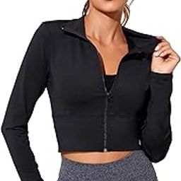 Women's Athletic Zip Up Long Sleeve Crop Sports Workout Running Jacket, Black, Small-image-24