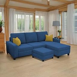 Casaliving Gerio 4 Seater RHS L Shape Sofa Set with Ottoman for Living Room (Blue Fabric) Premium Fabric Sofa-image-63