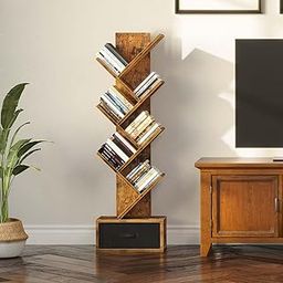 THE HOME HEAVEN INTERIOR Solid Wood Book Shelf | Wooden Tree Shape Bookshelf | with Open 7 Shelf & One Drawer Storage | Tall Display Unit | Natural (Natural, 1 Drawer)-9
