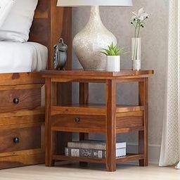 Almaro Woodlaza Wooden Bedside Table for Bedroom, Living Room & Office | Bed Side Nightstand End Table with 1 Drawer & 2 Shelf Storage | Solid Wood Sheesham, Honey(Tectona)-21