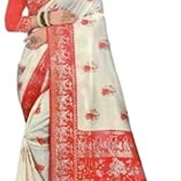 Traditional Katan Silk Saree, Off-White and Red, Decorative Border with Carriage Design-image-45