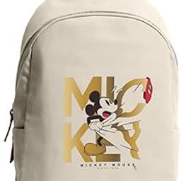 Disney Mickey Mouse Canvas Backpack | Cream White with Gold Graphics Leather Handle | Casual Daypack-image-7