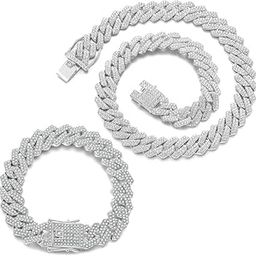 2Pcs Cuban Link Chain for Men Silver Necklace and Bracelet Miami Cuban Chains Bling Crystal Chain for Hip Hop Jewelry-image-75