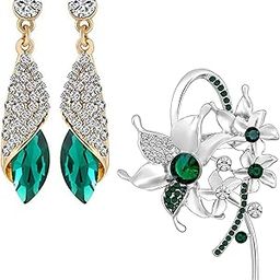Attractive Green and White Crystals Combo of Floral Saree Pin Brooch and Dangler Earring for Women (CO1105777RGre)-30