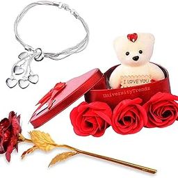University Trendz Heart Charm Silver Plated Bracelet with Red Rose Flower Petals with Box & Soft Teddy Bear, Romantic Gift for Valentine Day For Unisex Adult-2