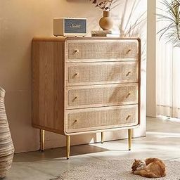 Quick Artsy 4-Drawer Wooden Cabinet with Handwoven Cane Fronts - Chest with Round Knob Handles and Gold Metal Legs – Modern Boho Dresser Organizer for Bedroom Living Room-image-13
