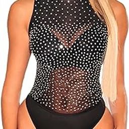Eiffel Women's Sheer Mesh Turtleneck Neck See Through Leotard Bodysuit Body Tops, Black-9, S-picture-8