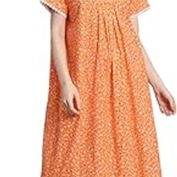 Women's 100% Cotton Printed Maxi Nightgown Long Nighty Sleepwear for Ladies Super Soft Comfortable Orange-image-51