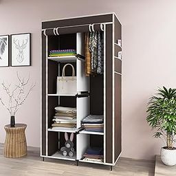 4+2 Layer Collapsible Wardrobe for Clothes with 6 Shelves, 2 Side Pocket and 1 Hanger (Non Woven Febric and Metal Rod,(Brown,7700-1)-25
