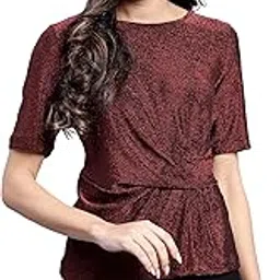 saffe Women's Casual Party Top Textured Shimmer Half Sleeve Round Neck Body Fit_Wine-picture-20