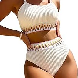 Women's 2 Piece High Waist Bikini Set Wireless Swimsuit Chevron Print Bathing Suit, White, Small-image-19