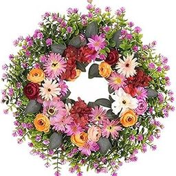 UJEAVETTE Spring Wreath for Front Door Round Home Decor for Celebration Outside Window-image-14