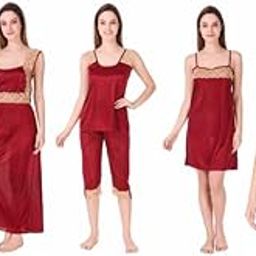 Women Satin Sexy Night Dress Honeymoon & Regular 1 Nighty, 1 Robe, 1 Bra, 1 Panty, 1 Top & 1 Shorts-image-18