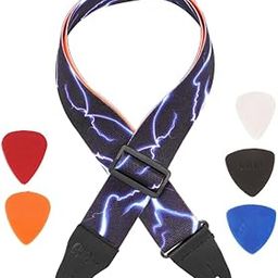 Electric Lightning Guitar Strap with 5 Guitar Picks, Adjustable Length, Blue and Black Pattern-image-98