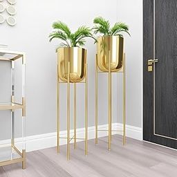 Arts Impex Gold Plated Metal Planters with Tall Iron Stand – Set of 2 | Modern Indoor Floor Planters for Home Decor | 28.5 cm & 18.5 cm Height | Decorative Pots for Living Room & Balcony-image-3