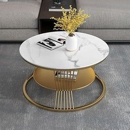 Modern Coffee Table Round Simple Tables with Storage Shelf with 1-Tier Storage Shelves, Metal Center Table Minimalist Cocktail Tea Table for Living Room, Office (Gold White)-15