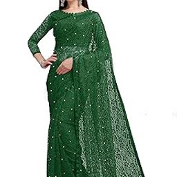 Lorofy Women's Net Saree With Blouse (BottalGreen)-image-1