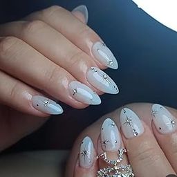 FWS Artificial fake Press On Nails Art Set (Set Of 20) Reusable Nails Extension,BridalNails,Stick-On Nails,Manicure Art Set, AcrylicNails,False Nails,DesignerNails | Nail Glue, Nail file, cuticle pusher, cleaning wipe | Glossy White Studded Star Shape Almond-image-14
