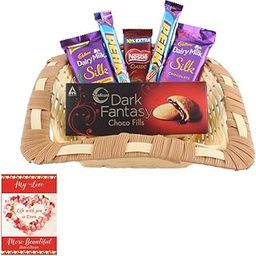 SFU E Com Premium Chocolates & Creamy Fills Dark Fantasywith Unique Designer Basket | Valentine Chocolate With Love Greeting Card | Valentine Chocolate Hamper | 501-2
