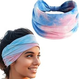 XFYT Silky Soft Tie-Dye Yoga Stylish Hair Bands | Boho Stretch Chic Elegant Head Band for women girls workout sports fitness gym (Pink Sky)-image-25