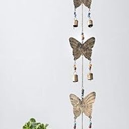 PHIRKCRAFT 3 Butterfly Wrought Iron Hanging Bell Wind Chimes with Colorfull Beads for Home Décor, Rustic Handmade Balcony Hanging Bells, Center-Piece Decornation Bells for Indoor, Outdoor & Wedding Décor, Golden-image-96