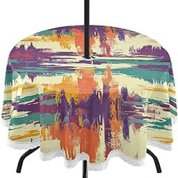 Wajiw 60 Inch Indoor Outdoor Round Tablecloth with Umbrella Hole and Zipper Waterproof Patio Table Cover for Camping Dining Room Party Outdoor Picnic,Striped Pattern-image-42