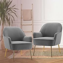 CHAIR DECOR Luxe Velvet Accent Chair with Golden Legs | Luxury Upholstered Armchair for Living Room, Bedroom, Office, or Cafe | Comfortable Modern Cozy Sofa | 1 Piece (2, Light Grey)-image-1