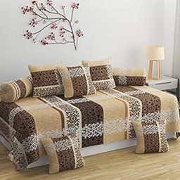 Diwan Set Covers | Diwan Bedsheet Set of 8 Pieces | Diwan Set Covers with 1 Single Bedsheet, 2 Bolster Cover, 5 Cushion Covers | Diwan Covers for Living Room Dining Hall (Multi Brown)-image-16