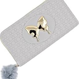 Designer PU Clutch for Women, Butterfly Emblem, 4 Card Slots, Zip Closure with Pom-pom, Stylish Premium Ladies Girls Hand Purse (Grey)-image-11