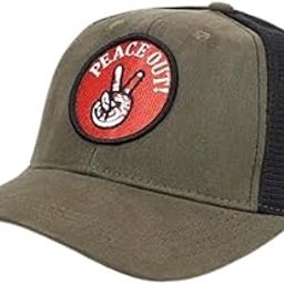 Trucker Cap for Men & Women | Adjustable Strap & Grommet Closure | Peace Out Design | Breathable Half Mesh & Pure Cotton Twill Fabric | For Sports, Running & Gym | Olive & Black (54-60cm)-image-67