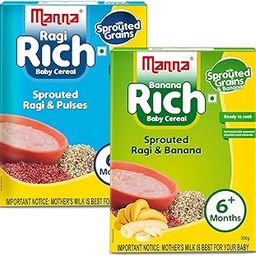 Manna Baby Cereal, No Added Sugar, BIS, FSSAI approved cereal based complimentary baby food, 6+ months. Sprouted Ragi & Pulses, Sprouted Ragi & Banana 200g (Pack of 2)-image-59